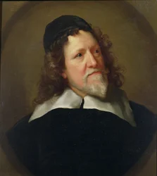 Retrato de Inigo Jones vestindo uma túnica preta e boné
